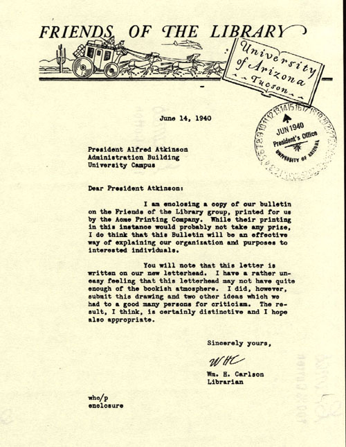 1940 Letter and Letterhead for the Original Friends of the UA Library.