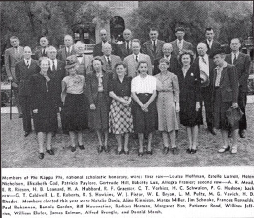 A 1947 photo of the Phi Kappa Phi members, with Estelle in one of her hats in the front row.