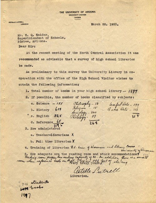 Estelle's 1923 School Library Survey sheet for Bisbee High School.